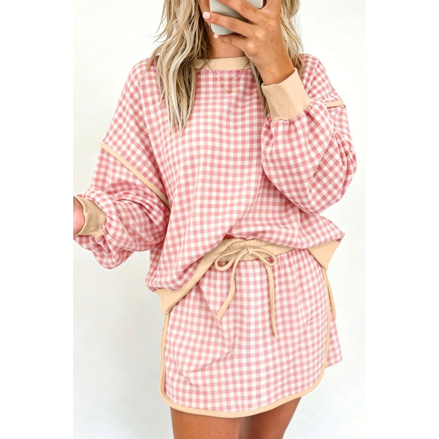 Brown Gingham Oversized Ribbed Trim Crew Neck Long Sleeve Top and Skort Set Pink / S Two Piece Sets/Two Dresses