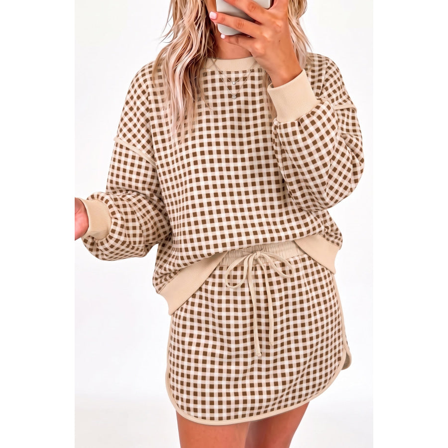 Brown Gingham Oversized Ribbed Trim Crew Neck Long Sleeve Top and Skort Set / S Two Piece Sets/Two Dresses