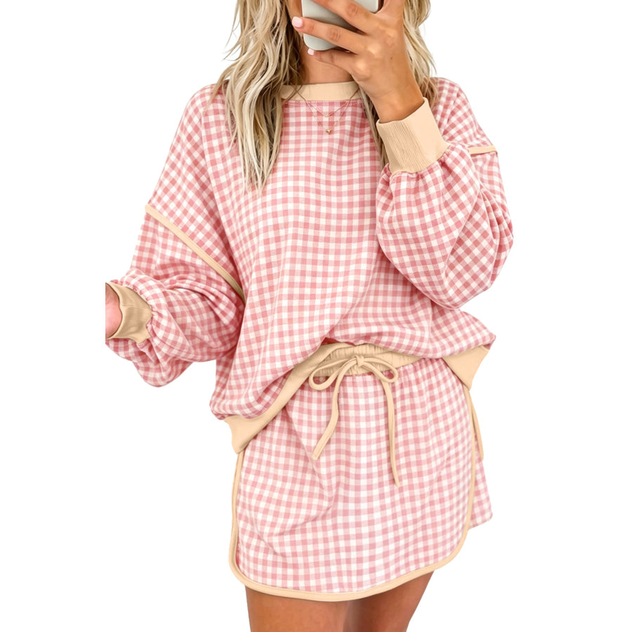 Brown Gingham Oversized Ribbed Trim Crew Neck Long Sleeve Top and Skort Set Two Piece Sets/Two Dresses