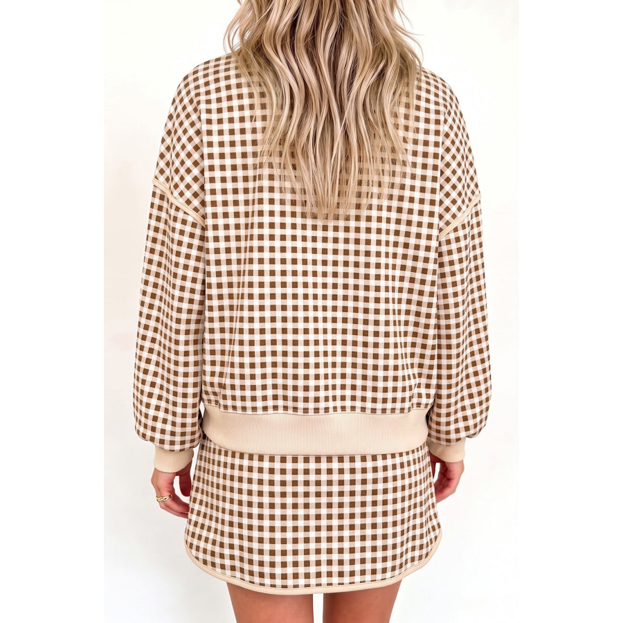 Brown Gingham Oversized Ribbed Trim Crew Neck Long Sleeve Top and Skort Set Two Piece Sets/Two Dresses