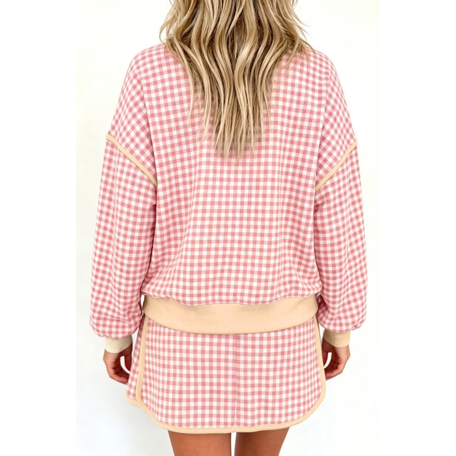 Brown Gingham Oversized Ribbed Trim Crew Neck Long Sleeve Top and Skort Set Two Piece Sets/Two Dresses