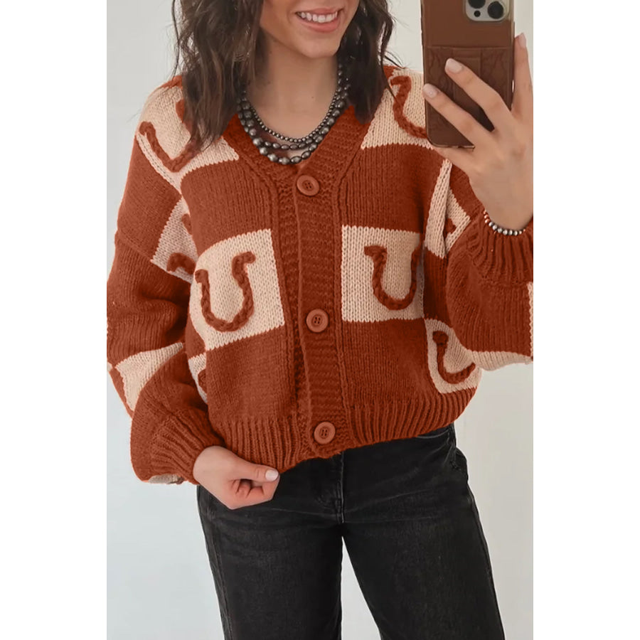 Brown Horseshoe Plaid V Neck Knit Button Front Sweater Cardigan / S Sweaters & Cardigans/Cardigans