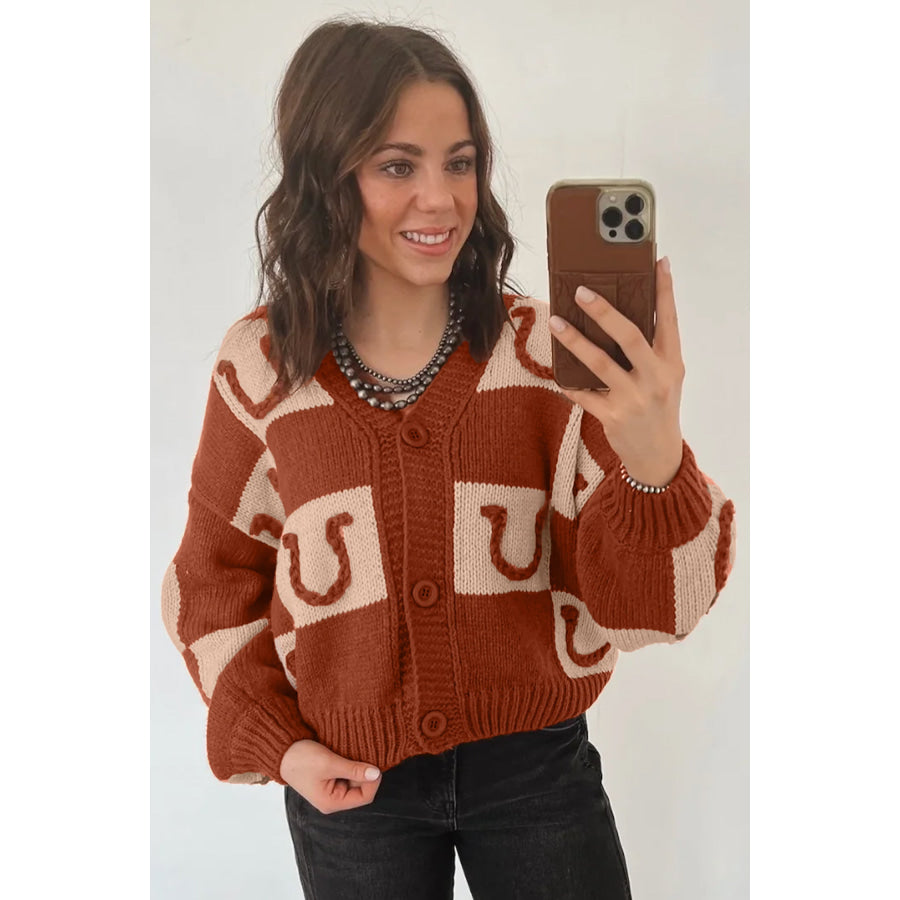 Brown Horseshoe Plaid V Neck Knit Button Front Sweater Cardigan Sweaters & Cardigans/Cardigans