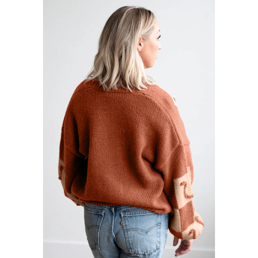 Brown Horseshoe Plaid V Neck Knit Button Front Sweater Cardigan Sweaters & Cardigans/Cardigans