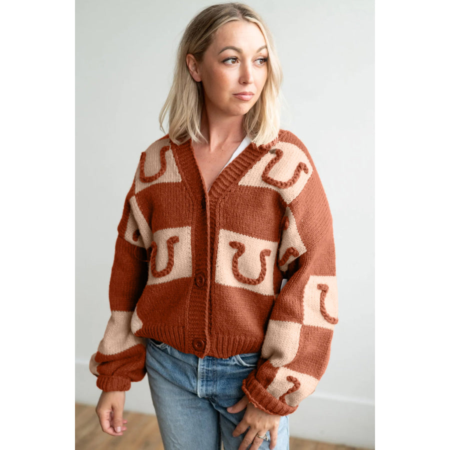 Brown Horseshoe Plaid V Neck Knit Button Front Sweater Cardigan Sweaters & Cardigans/Cardigans