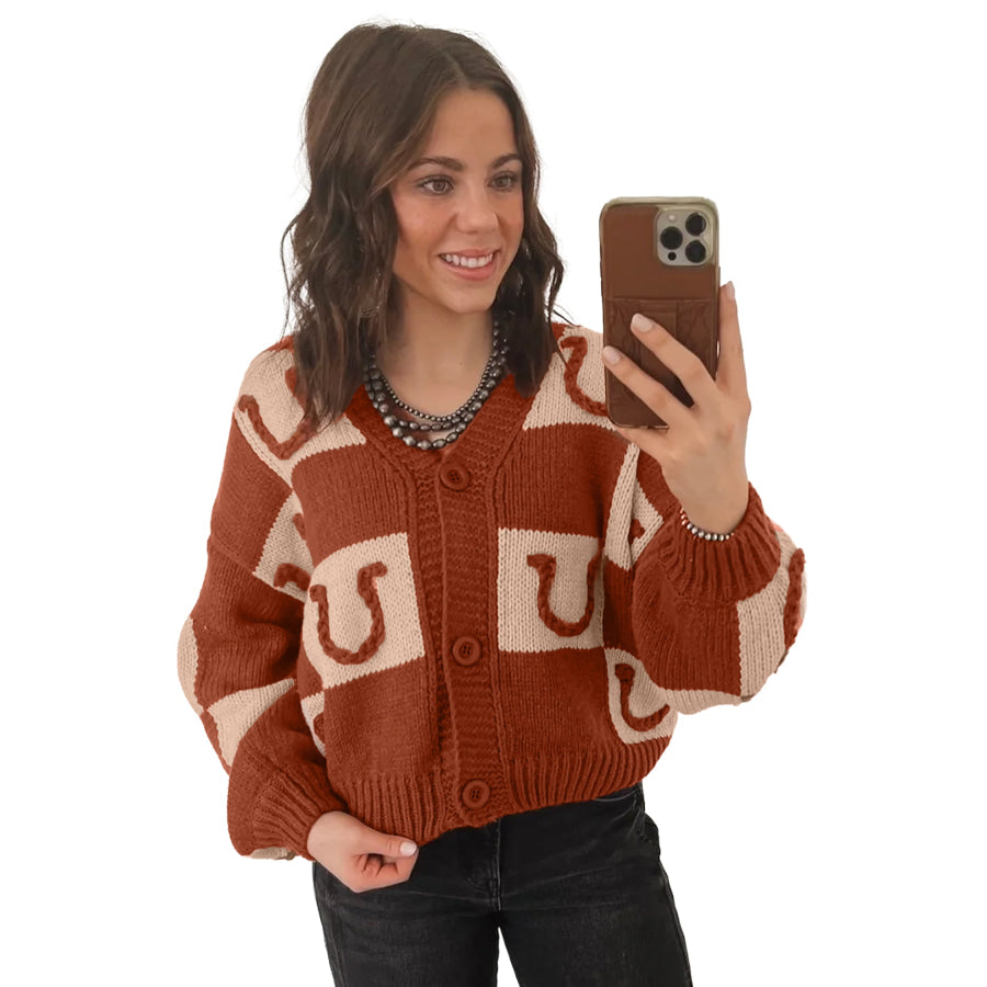 Brown Horseshoe Plaid V Neck Knit Button Front Sweater Cardigan Sweaters & Cardigans/Cardigans