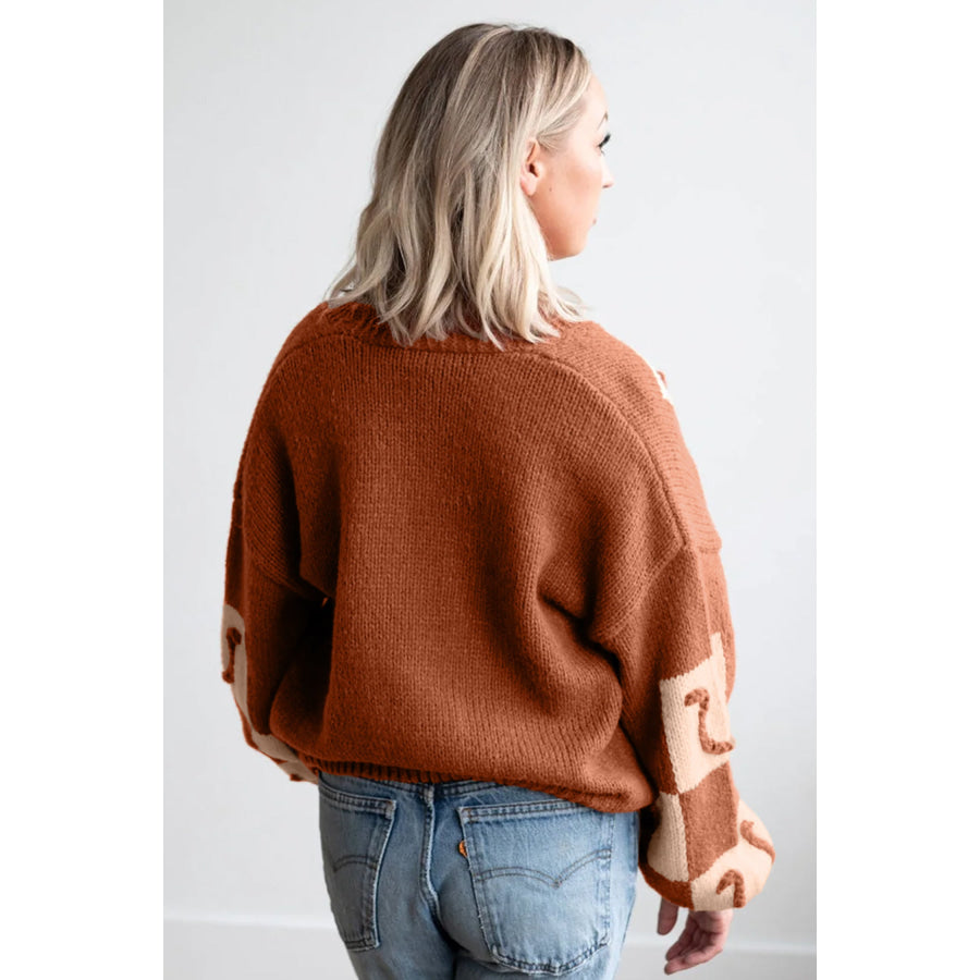 Brown Horseshoe Plaid V Neck Knit Button Front Sweater Cardigan Sweaters & Cardigans/Cardigans