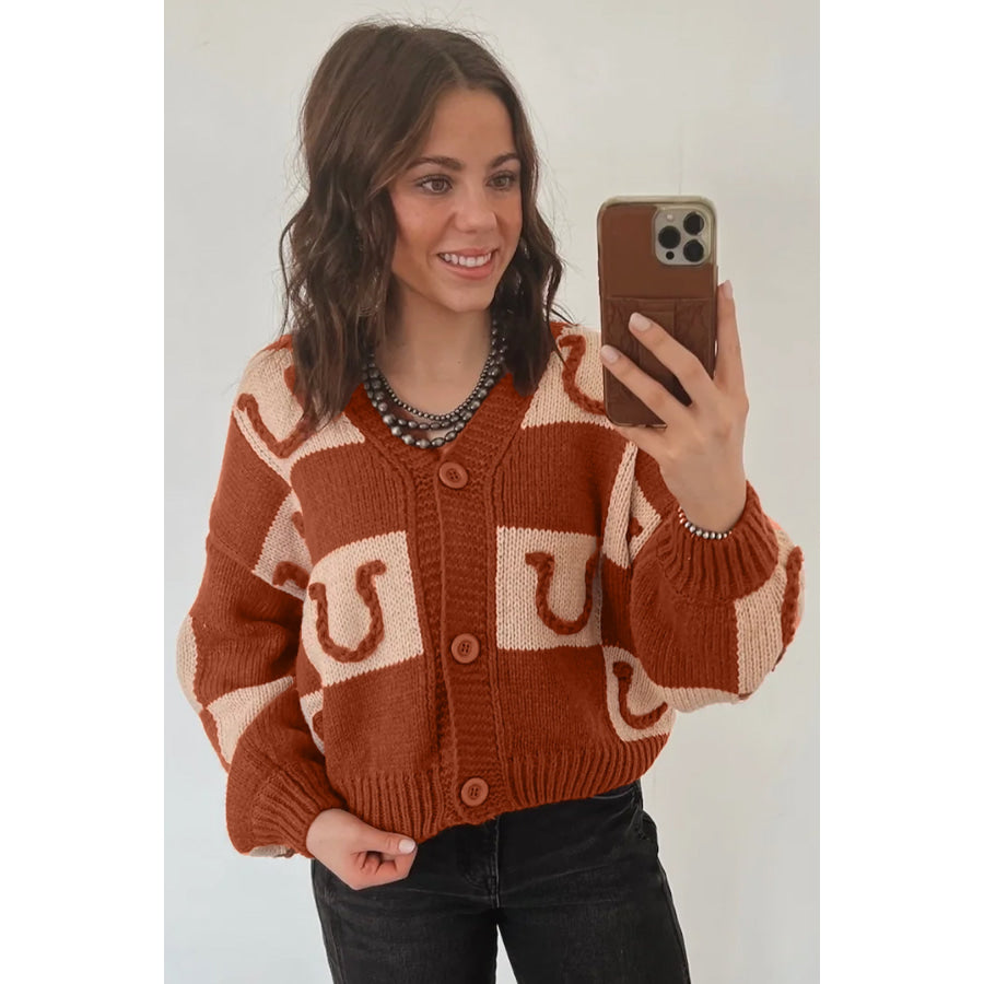 Brown Horseshoe Plaid V Neck Knit Button Front Sweater Cardigan Sweaters & Cardigans/Cardigans