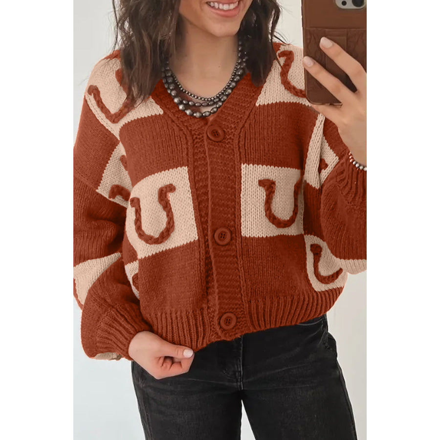 Brown Horseshoe Plaid V Neck Knit Button Front Sweater Cardigan Sweaters & Cardigans/Cardigans