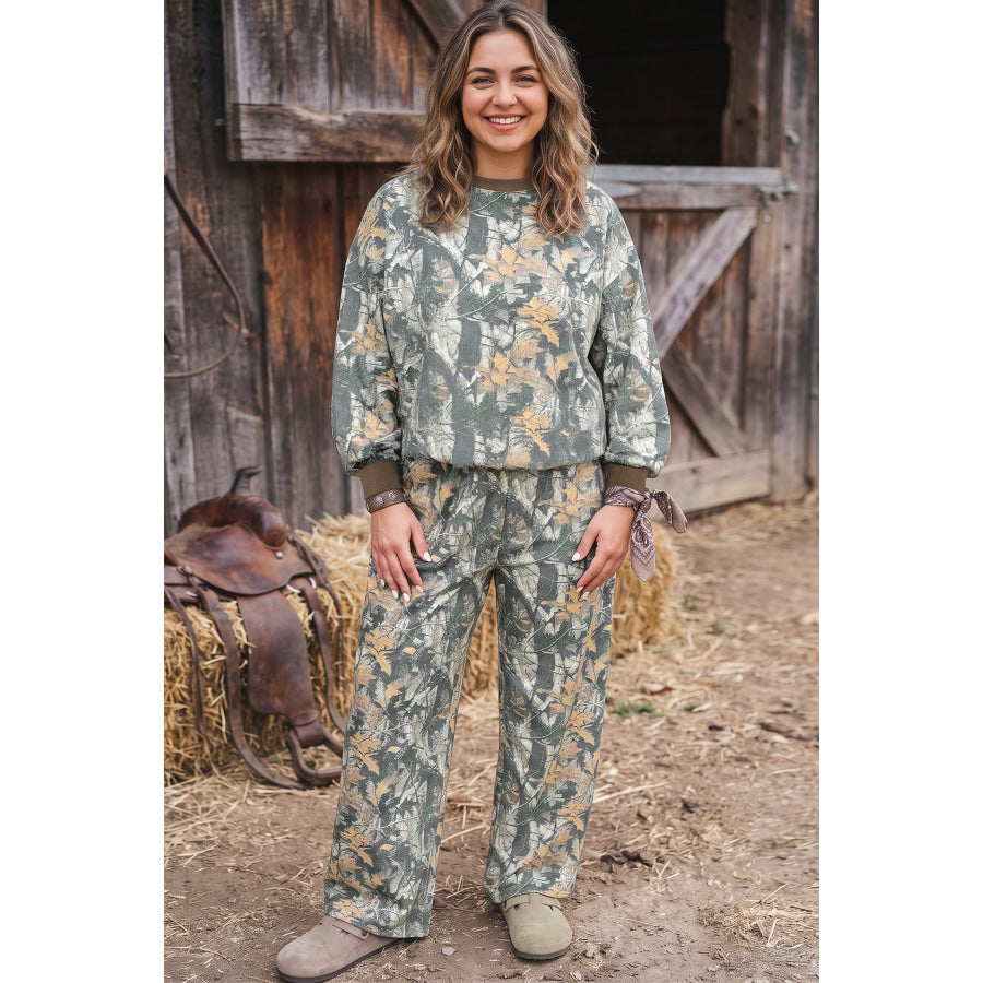 Brown Jungle Camouflage Print Ribbed Trim Long Sleeve Top Plus Size Pant Set Size/Plus Loungewear