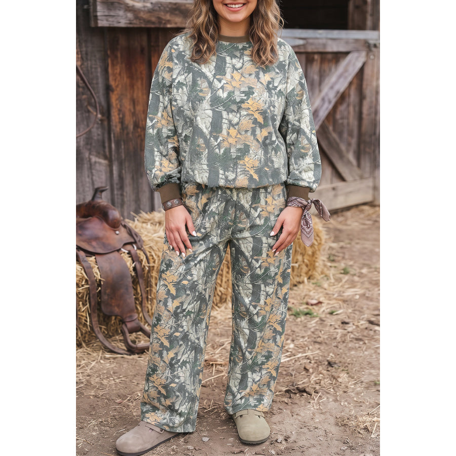 Brown Jungle Camouflage Print Ribbed Trim Long Sleeve Top Plus Size Pant Set / 1X Size/Plus Loungewear