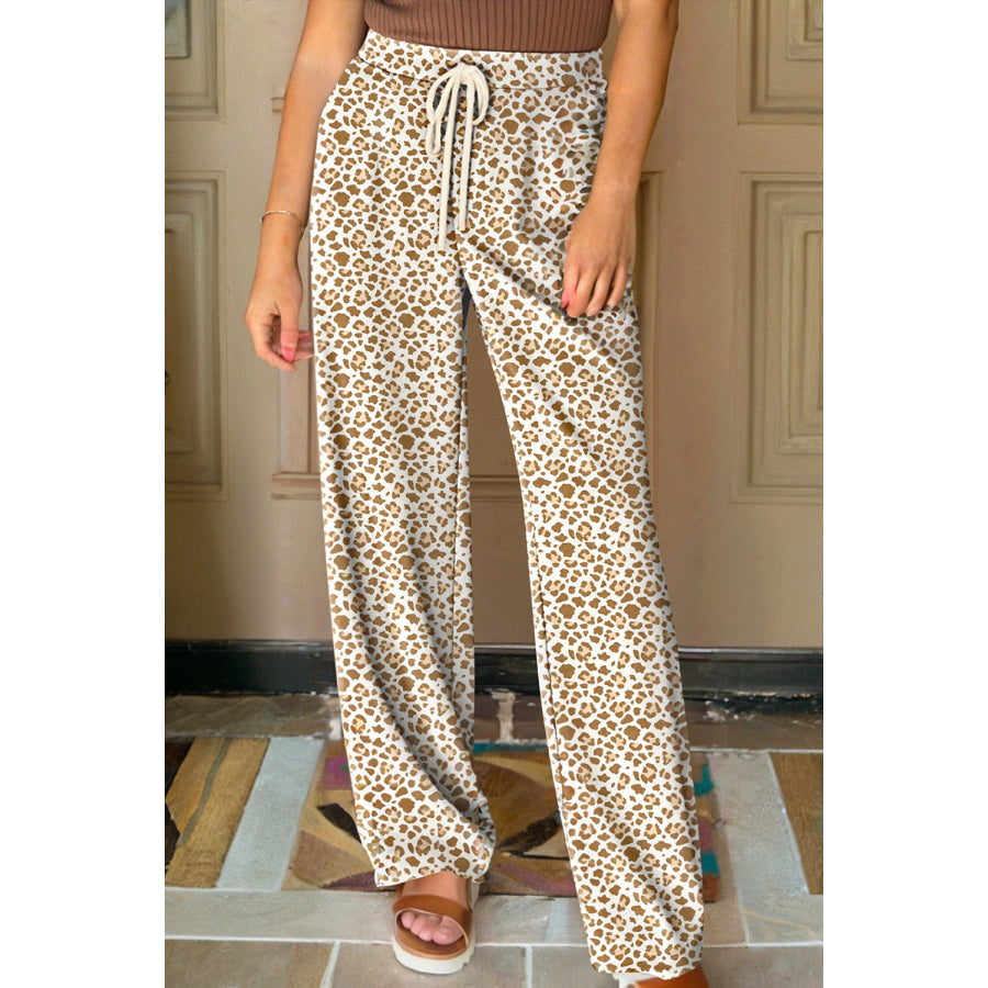 Brown Leopard Drawstring Elastic Waistband Loose Pants Sale (50% OFF)/20%