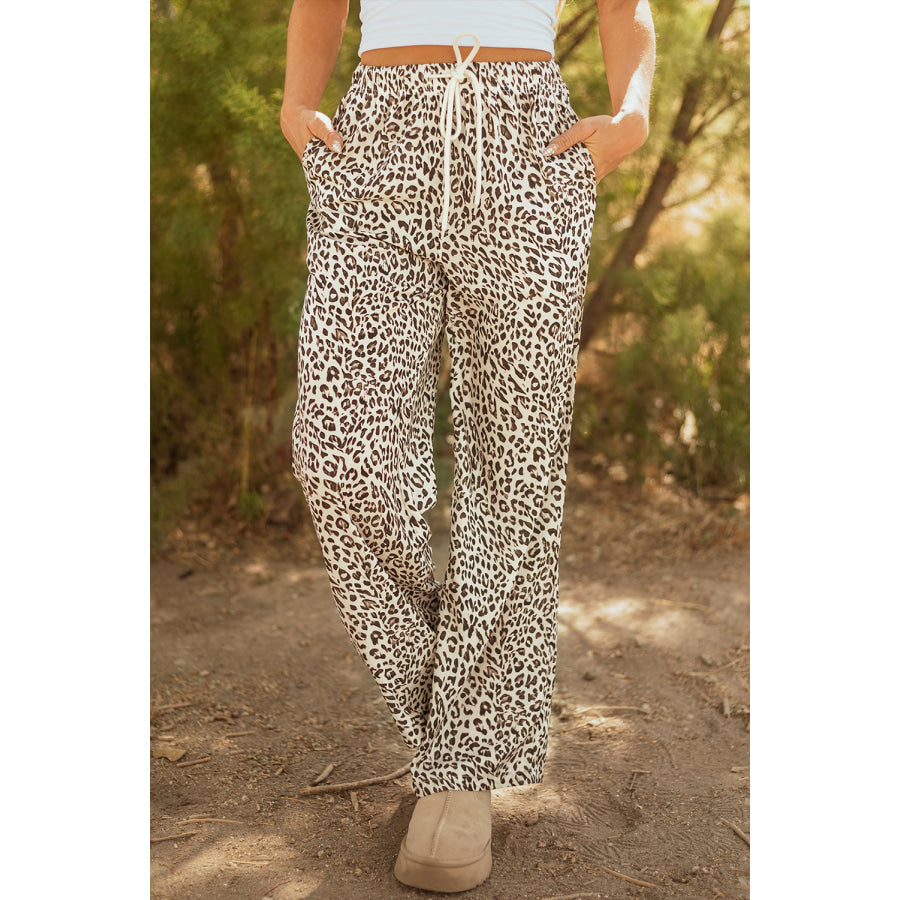 Brown Leopard Drawstring Elastic Waistband Loose Pants Brown / S / 100% Polyester Sale (50% OFF)/20%