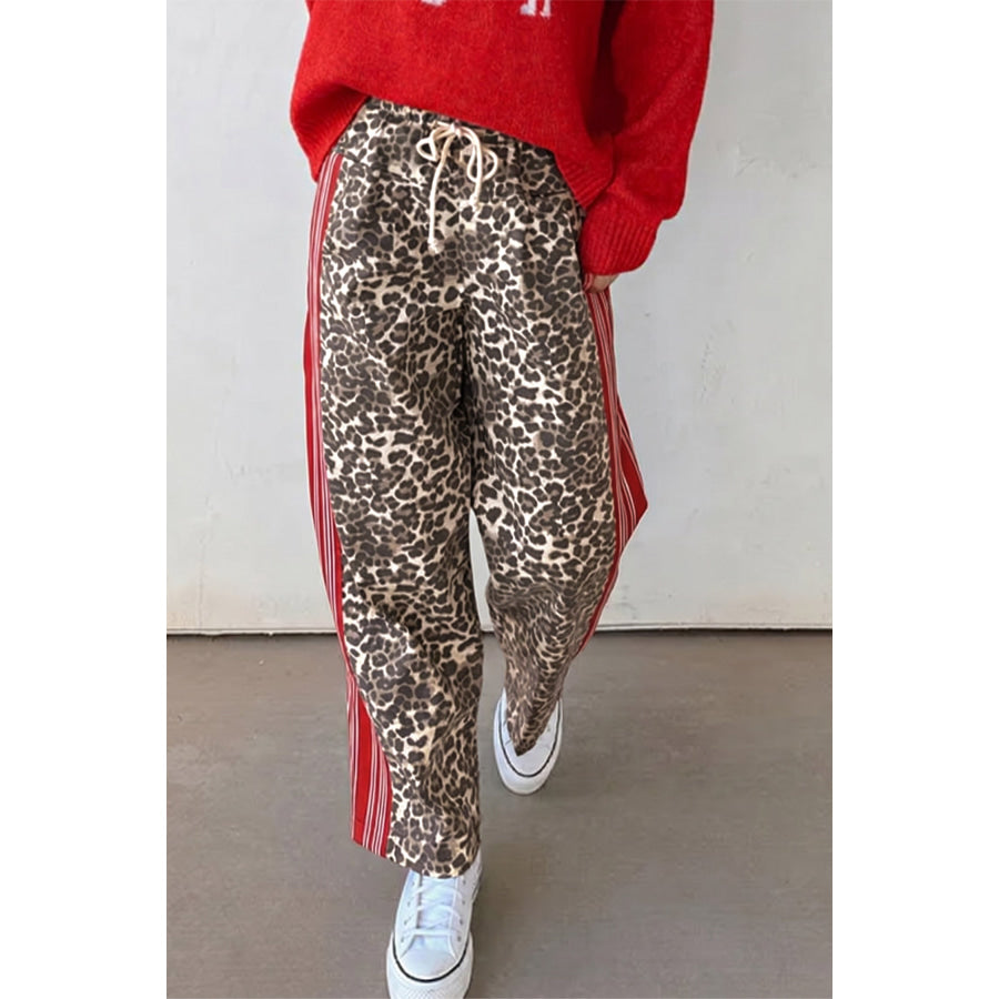 Brown Leopard Patchwork Elastic Waist Jeans Brown / 4 Bottoms/Jeans