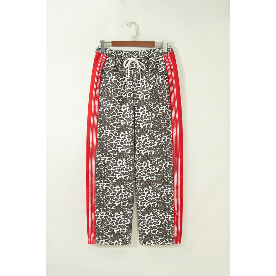 Brown Leopard Patchwork Elastic Waist Jeans Bottoms/Jeans