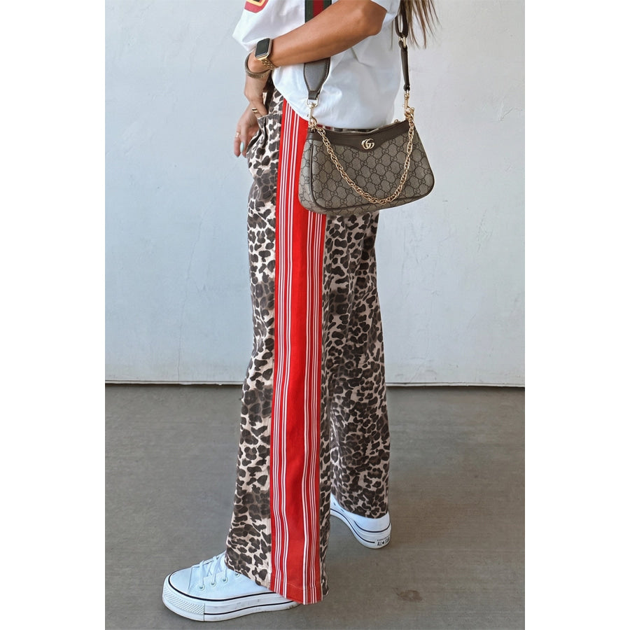 Brown Leopard Patchwork Elastic Waist Jeans Bottoms/Jeans