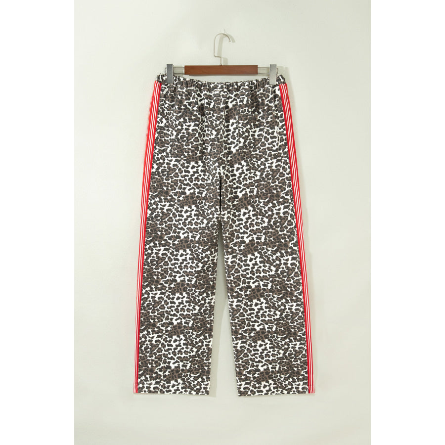 Brown Leopard Patchwork Elastic Waist Jeans Bottoms/Jeans