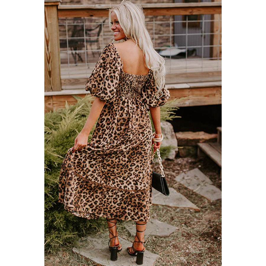 Brown Leopard Print Bubble Sleeve Square Neck Maxi Dress Dresses/Maxi Dresses
