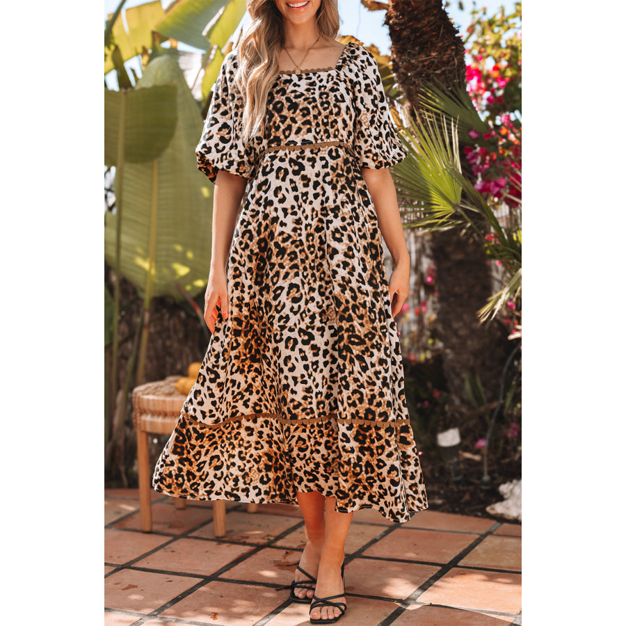 Brown Leopard Print Bubble Sleeve Square Neck Maxi Dress Dresses/Maxi Dresses