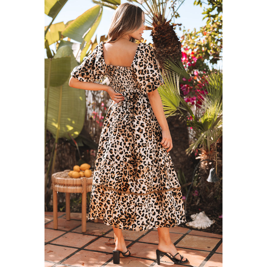 Brown Leopard Print Bubble Sleeve Square Neck Maxi Dress Brown / S / 100% Polyester Dresses/Maxi Dresses