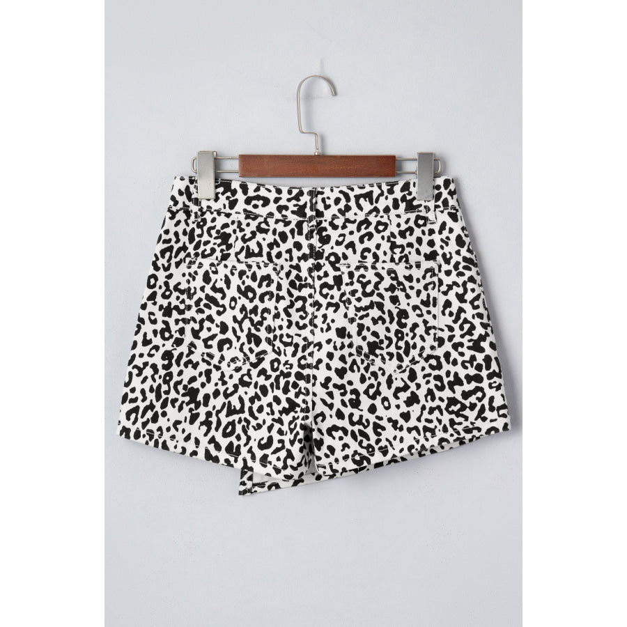 Brown Leopard Print Button Overlap Denim Shorts Bottoms/Denim Shorts