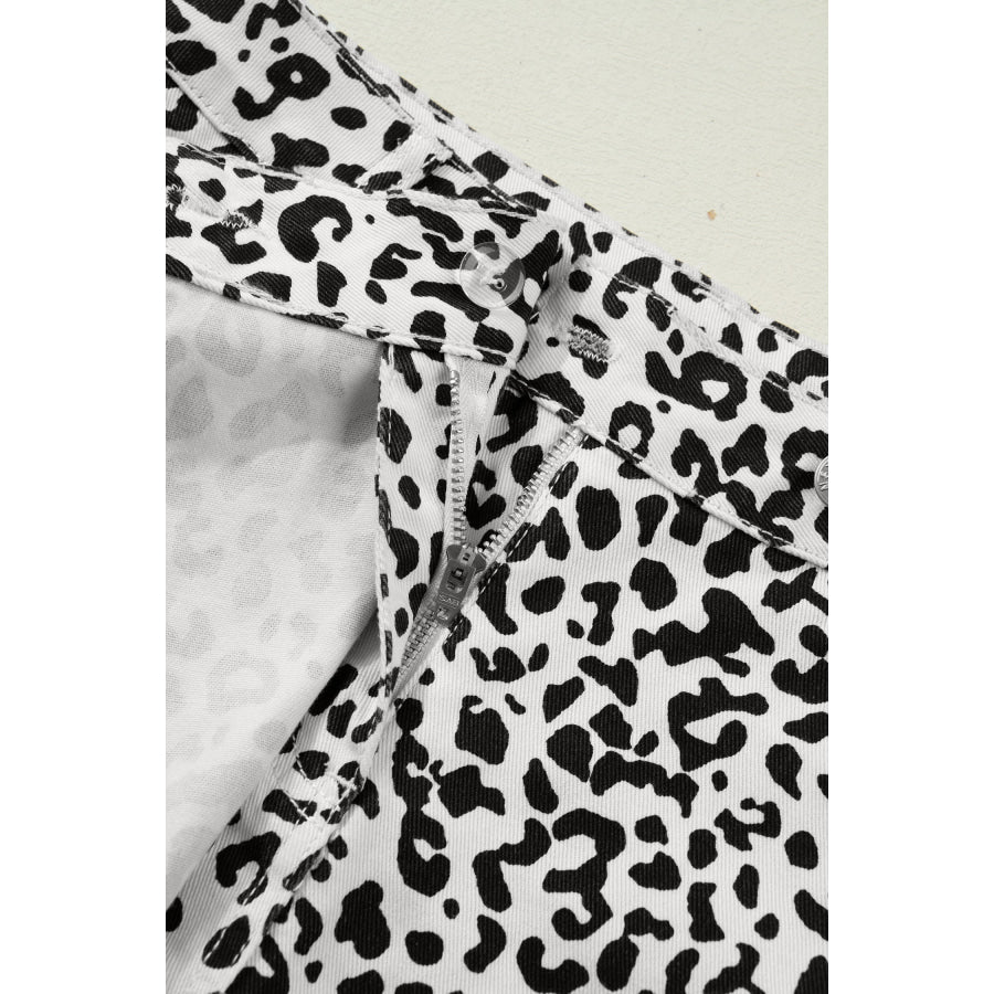 Brown Leopard Print Button Overlap Denim Shorts Bottoms/Denim Shorts