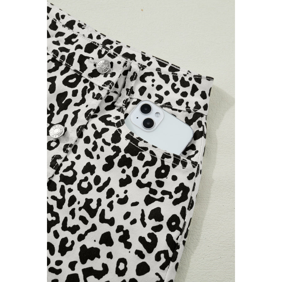 Brown Leopard Print Button Overlap Denim Shorts Bottoms/Denim Shorts