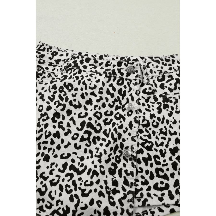 Brown Leopard Print Button Overlap Denim Shorts Bottoms/Denim Shorts