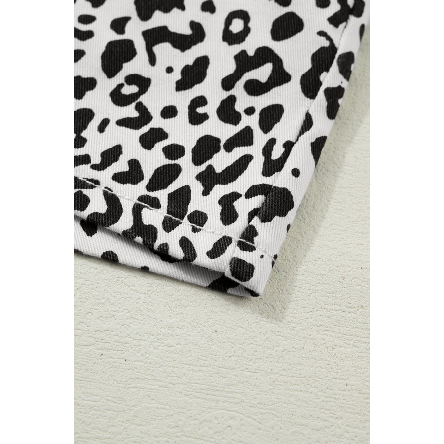 Brown Leopard Print Button Overlap Denim Shorts Bottoms/Denim Shorts