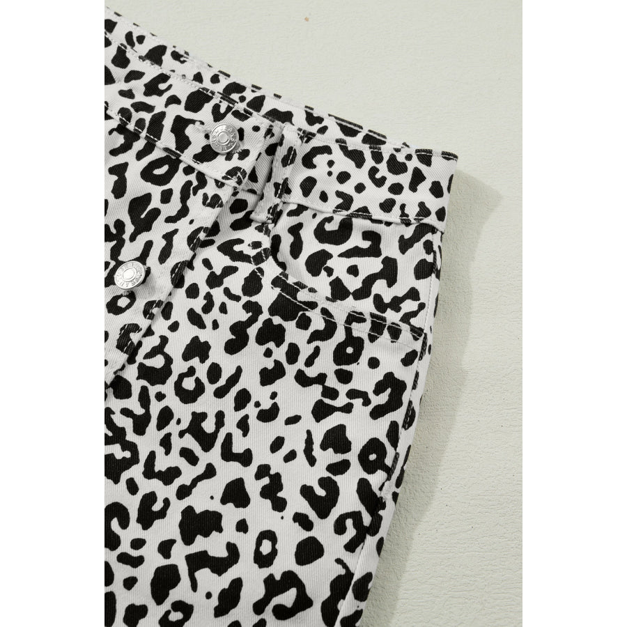 Brown Leopard Print Button Overlap Denim Shorts Bottoms/Denim Shorts