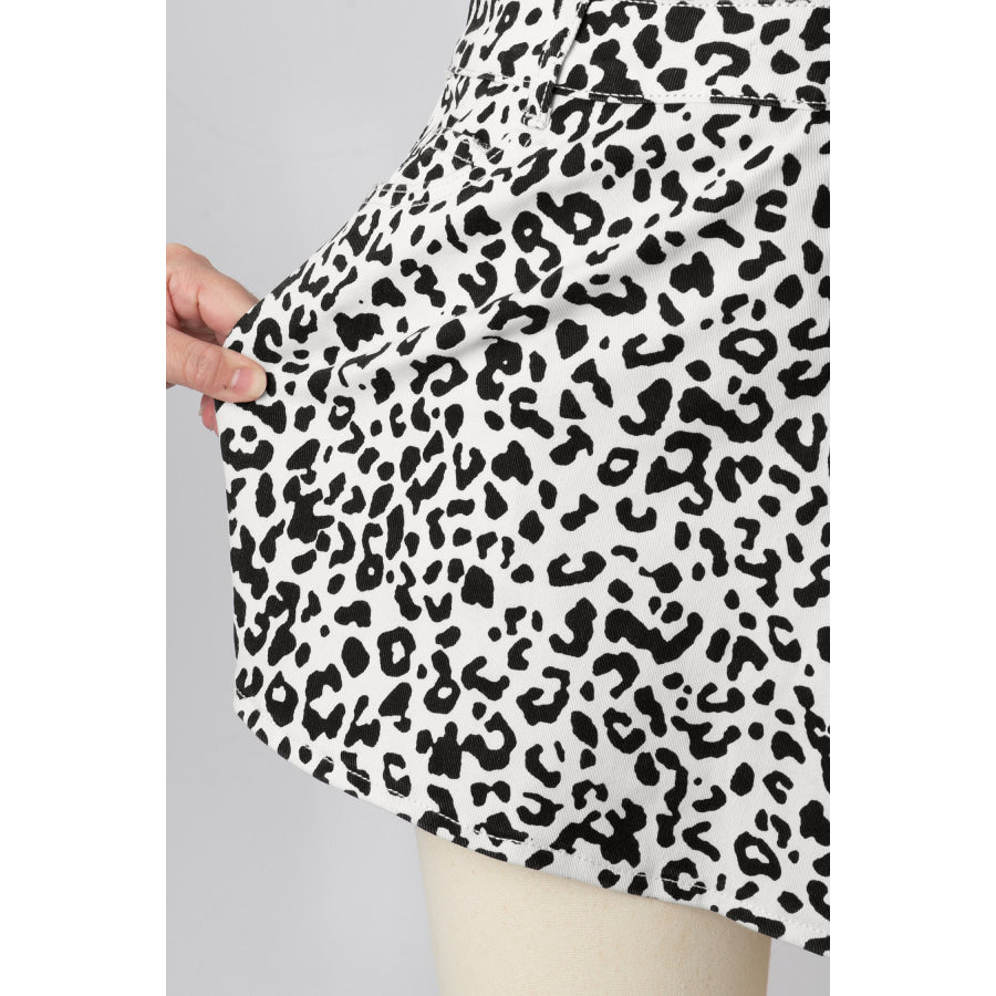 Brown Leopard Print Button Overlap Denim Shorts Bottoms/Denim Shorts