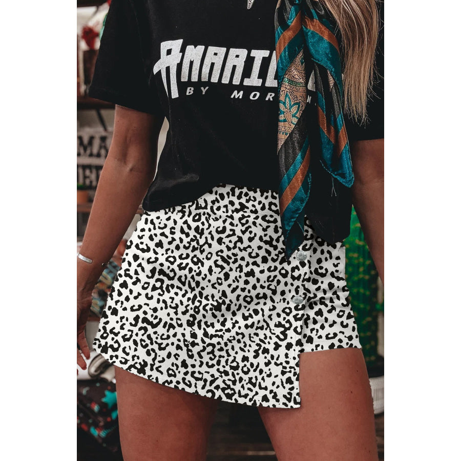 Brown Leopard Print Button Overlap Denim Shorts Bottoms/Denim Shorts