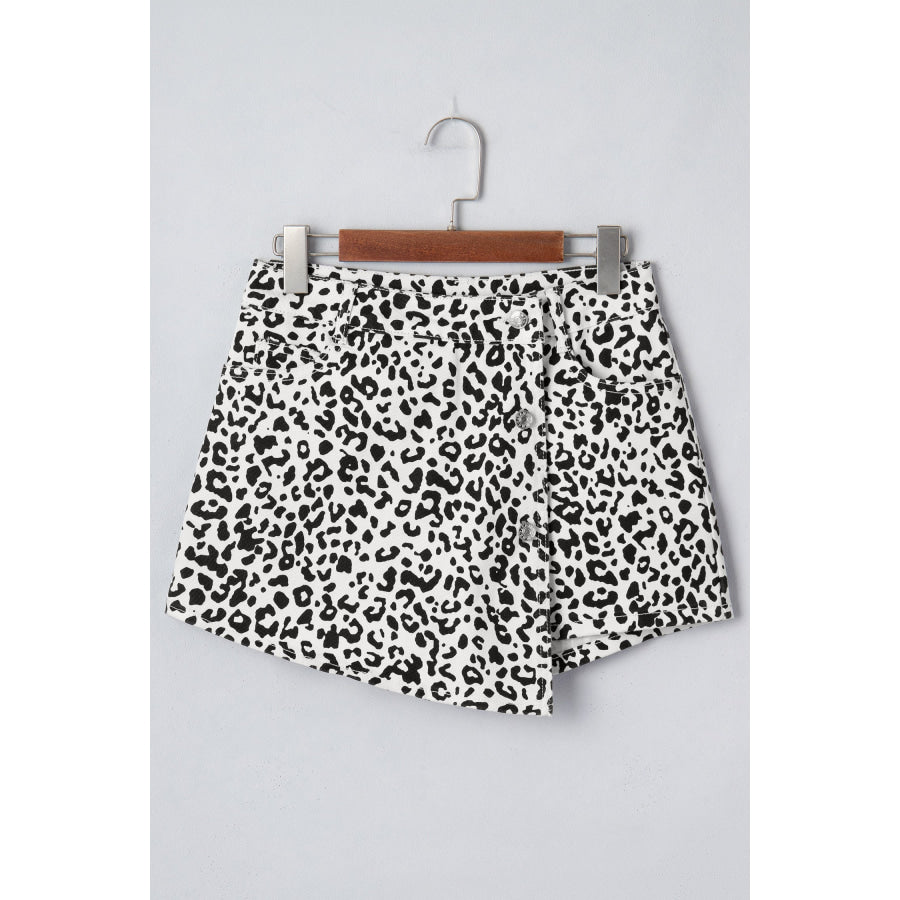 Brown Leopard Print Button Overlap Denim Shorts Bottoms/Denim Shorts