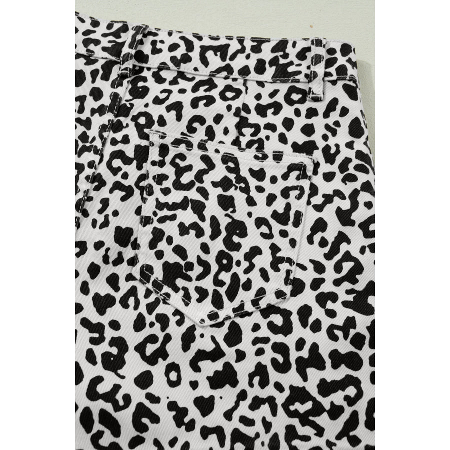 Brown Leopard Print Button Overlap Denim Shorts Bottoms/Denim Shorts