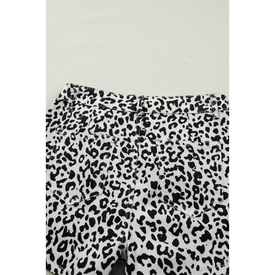 Brown Leopard Print Button Overlap Denim Shorts Bottoms/Denim Shorts