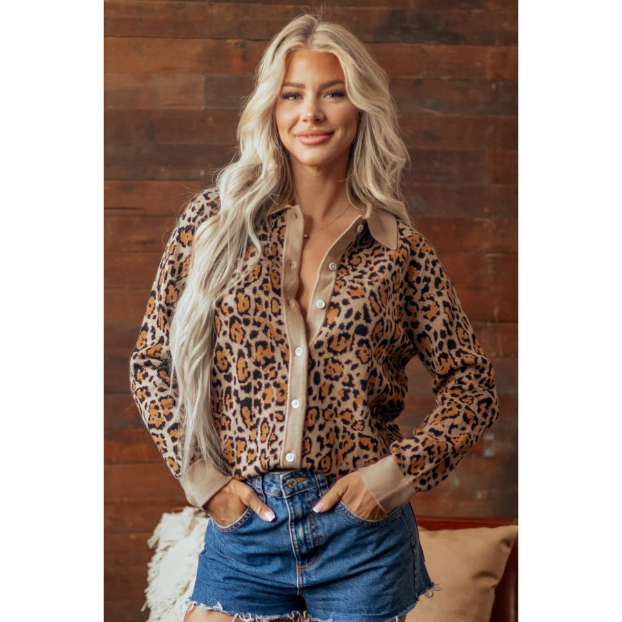 Brown Leopard Print Button-Up Cardigan Long Sleeve Cardigans Brown / S / 52% Viscose + 26% Polyester + 22% Polyamide Sweaters &