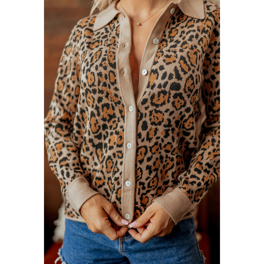 Brown Leopard Print Button-Up Cardigan Long Sleeve Cardigans Sweaters & Cardigans/Cardigans