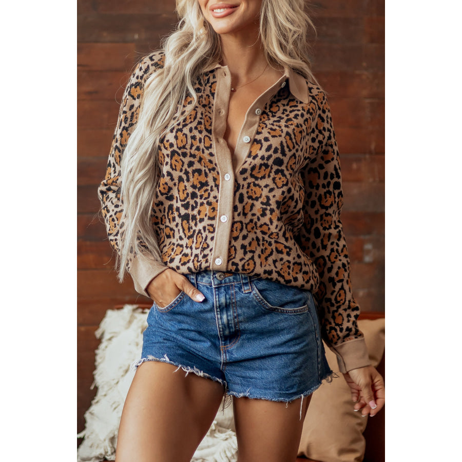 Brown Leopard Print Button-Up Cardigan Long Sleeve Cardigans Sweaters & Cardigans/Cardigans
