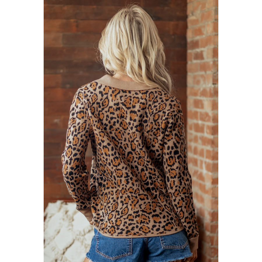 Brown Leopard Print Button-Up Cardigan Long Sleeve Cardigans Brown / S / 52% Viscose + 26% Polyester + 22% Polyamide Sweaters &