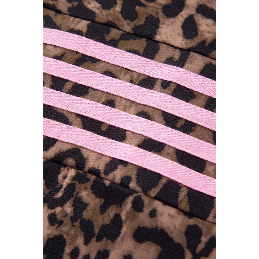 Brown Leopard Print Contrast Striped Detail Long Sleeve Top Pant Set Two Piece Sets/Pant Sets