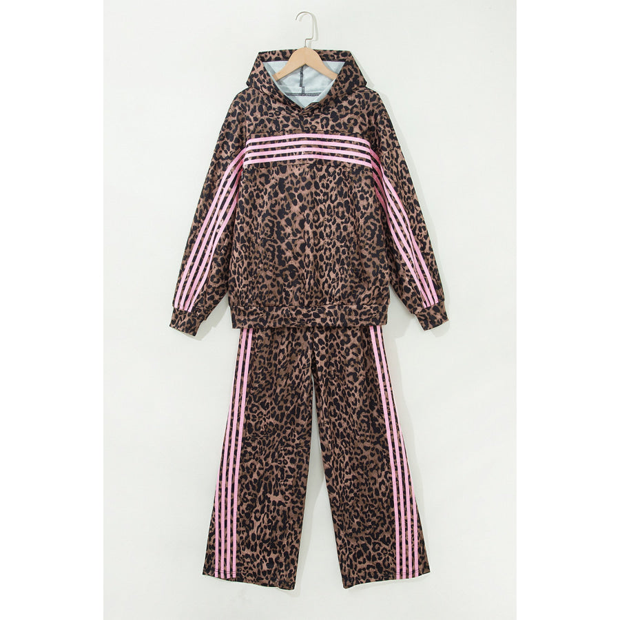 Brown Leopard Print Contrast Striped Detail Long Sleeve Top Pant Set Two Piece Sets/Pant Sets