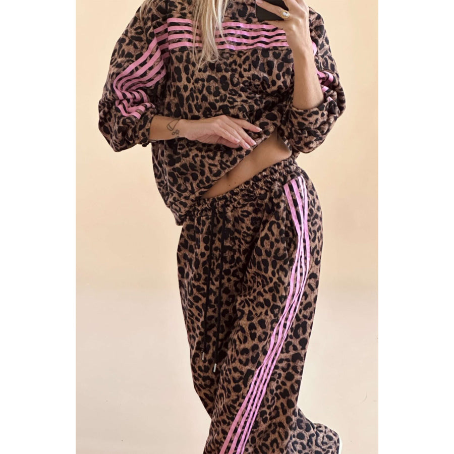 Brown Leopard Print Contrast Striped Detail Long Sleeve Top Pant Set Two Piece Sets/Pant Sets