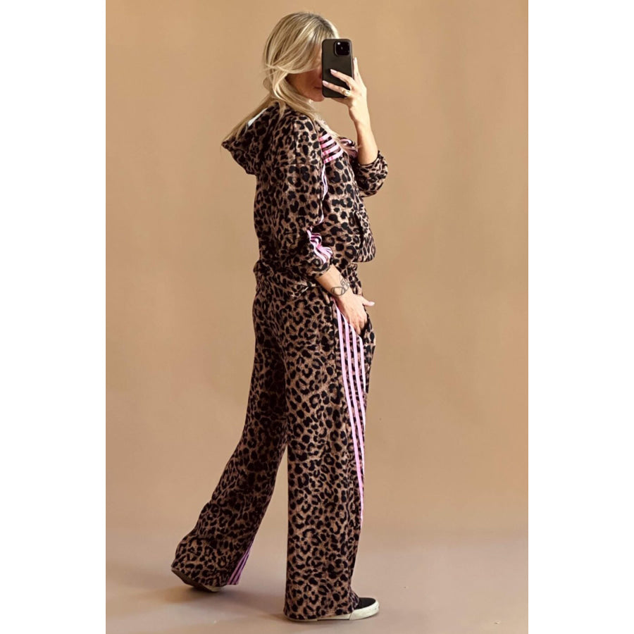 Brown Leopard Print Contrast Striped Detail Long Sleeve Top Pant Set Two Piece Sets/Pant Sets