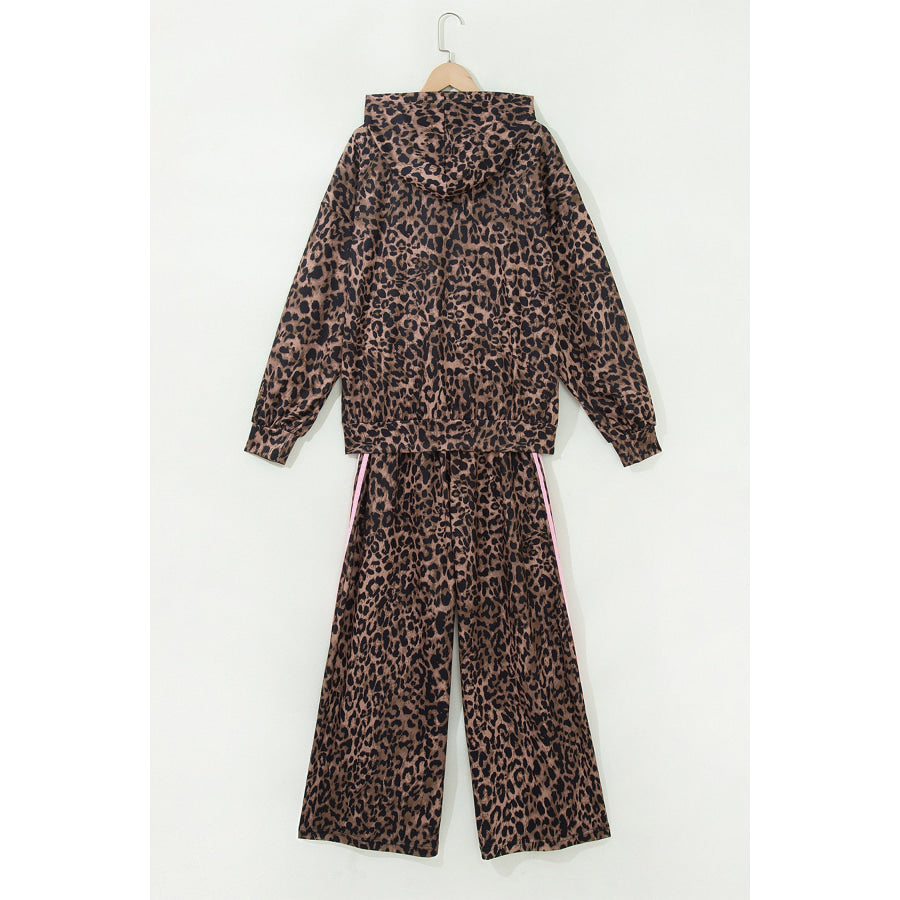 Brown Leopard Print Contrast Striped Detail Long Sleeve Top Pant Set Two Piece Sets/Pant Sets