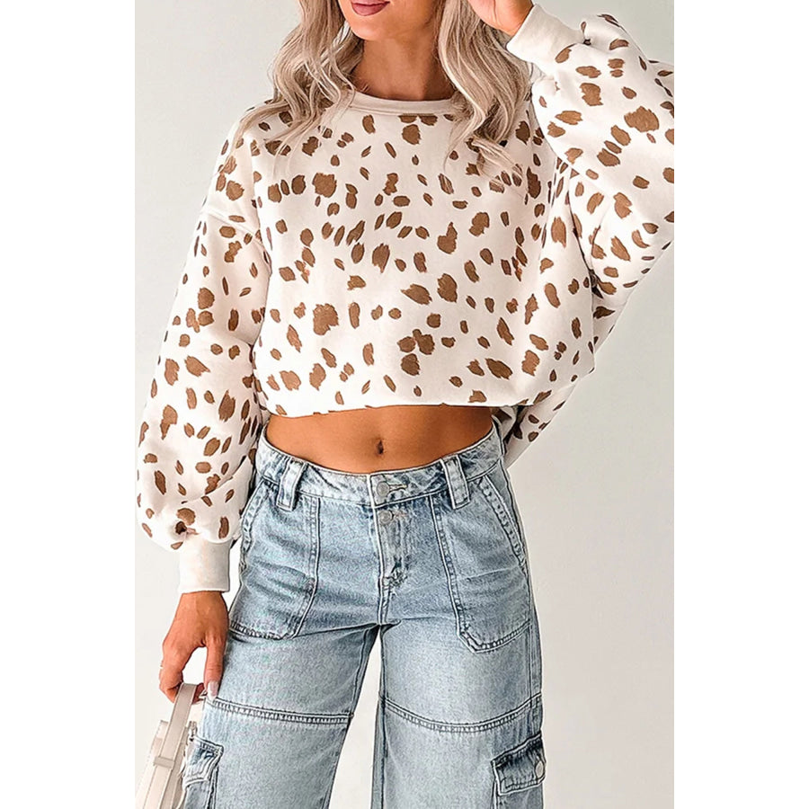 Brown Leopard Print Dropped Shoulder Round Neck Casual Sweatshirt Tops/Sweatshirts & Hoodies