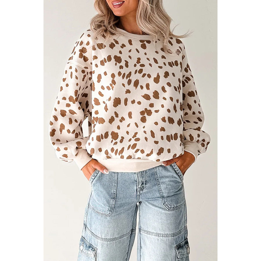 Brown Leopard Print Dropped Shoulder Round Neck Casual Sweatshirt Tops/Sweatshirts & Hoodies