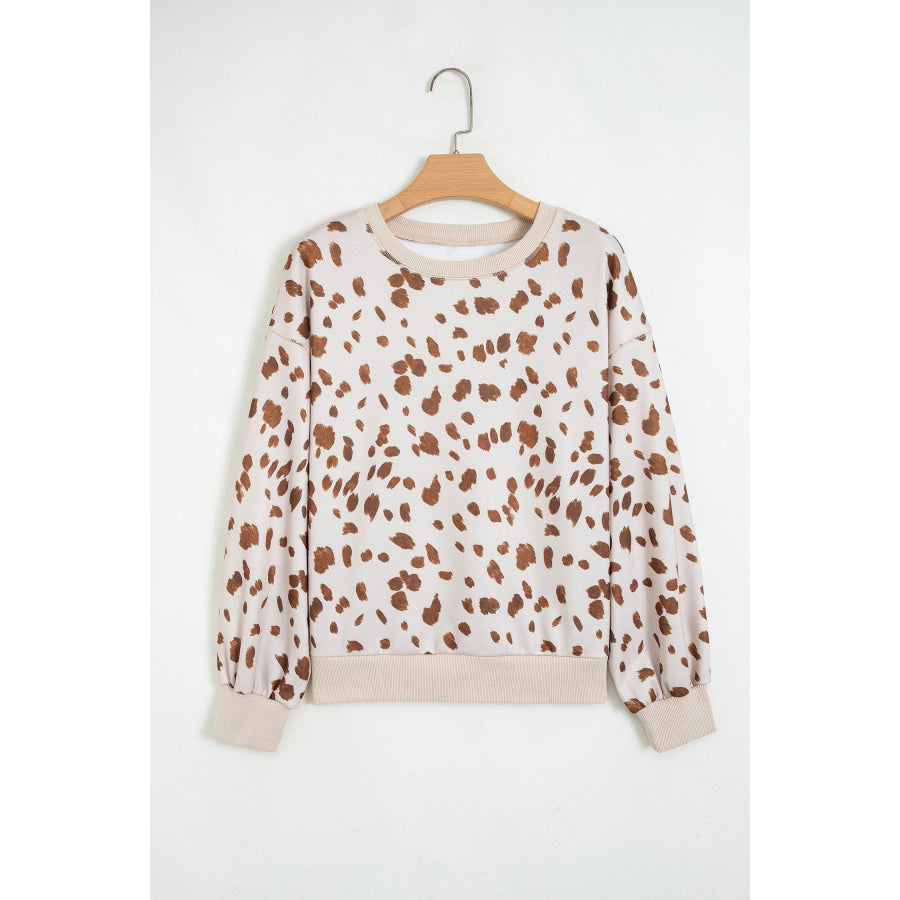 Brown Leopard Print Dropped Shoulder Round Neck Casual Sweatshirt Tops/Sweatshirts & Hoodies