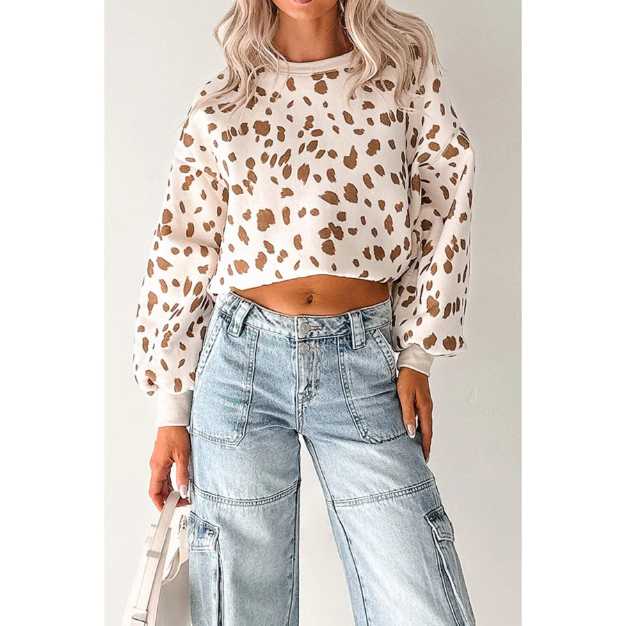 Brown Leopard Print Dropped Shoulder Round Neck Casual Sweatshirt Tops/Sweatshirts & Hoodies