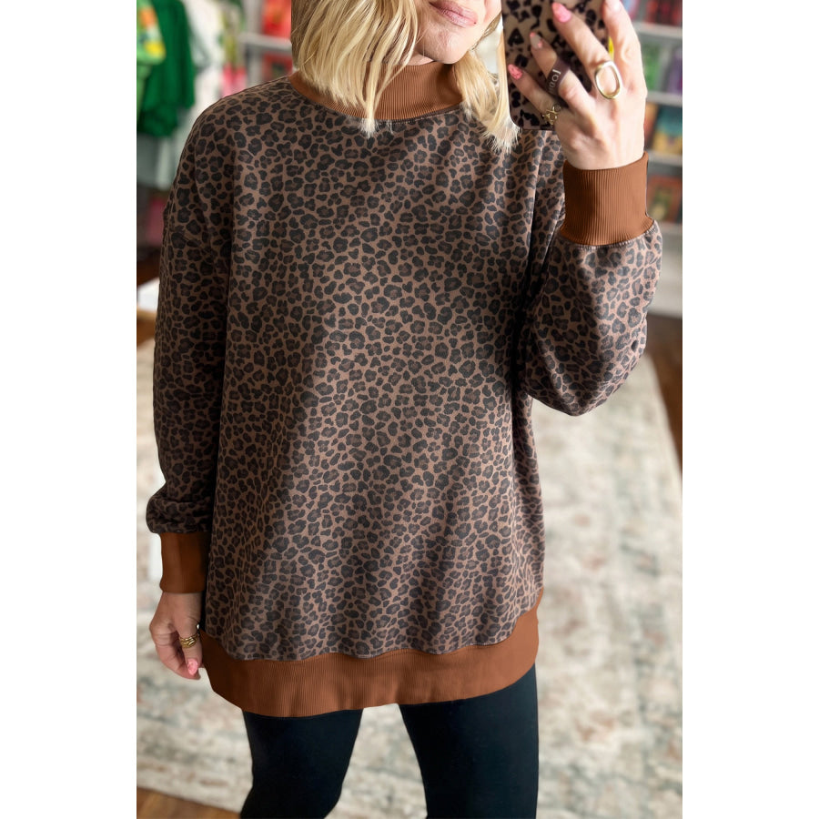 Brown Leopard Print High Neck Long Sleeve Ribbed Cuffs Hem Sweatshirt / S / 100% Polyester Tops/Sweatshirts & Hoodies