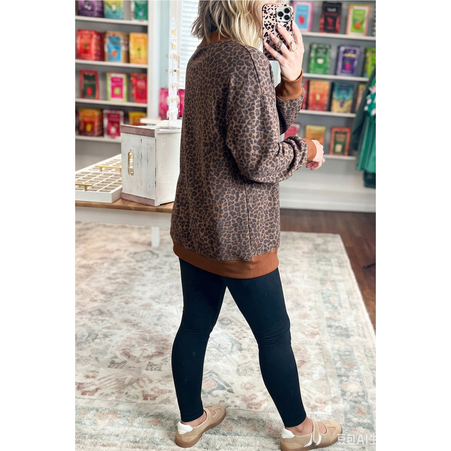 Brown Leopard Print High Neck Long Sleeve Ribbed Cuffs Hem Sweatshirt Tops/Sweatshirts & Hoodies